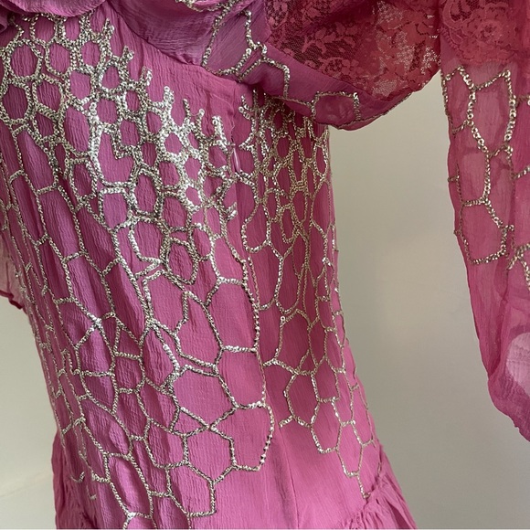 NWT LoveShackFancy Pink and Gold Ruffle Angora Mini Dress - Picture 7 of 10